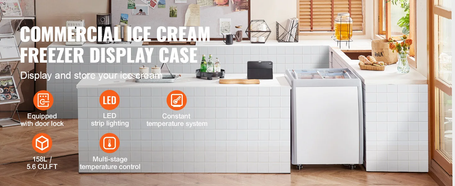 SucceBuy Commercial Ice Cream Display Case Chest Freezer Mobile Glass Top Deep Freezer Restaurant Gelato Dipping Cabinet