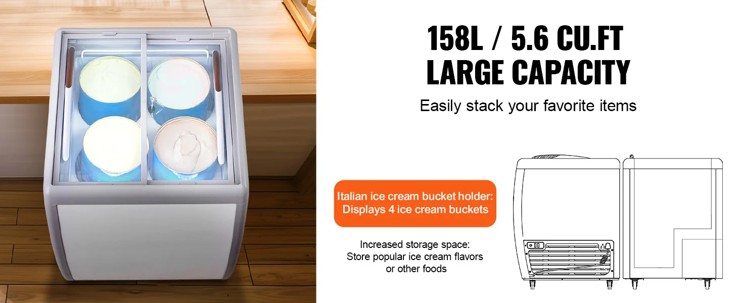 SucceBuy Commercial Ice Cream Display Case Chest Freezer Mobile Glass Top Deep Freezer Restaurant Gelato Dipping Cabinet