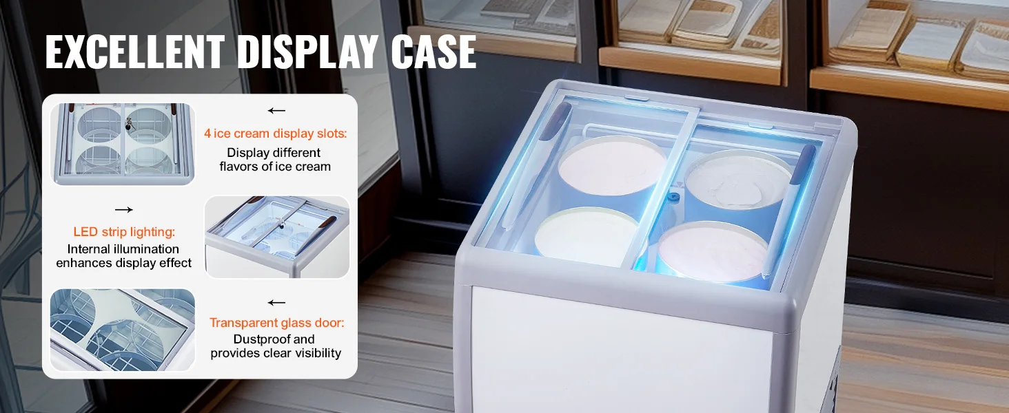 SucceBuy Commercial Ice Cream Display Case Chest Freezer Mobile Glass Top Deep Freezer Restaurant Gelato Dipping Cabinet