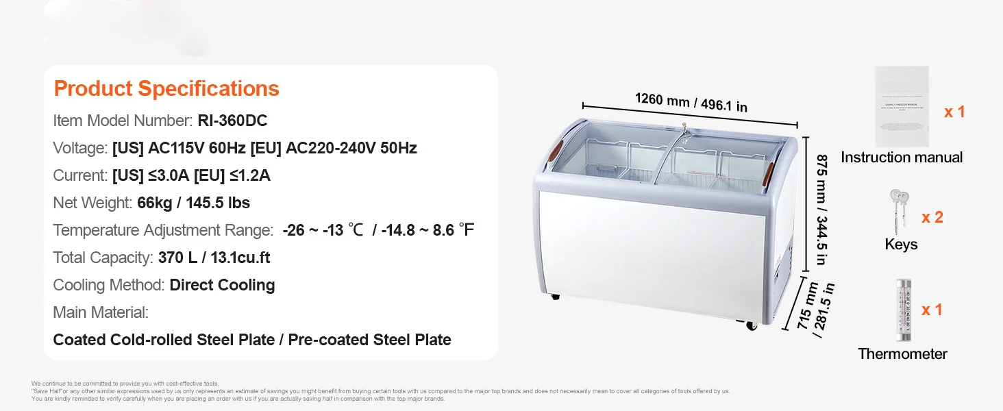 SucceBuy Commercial Ice Cream Display Case Chest Freezer Mobile Glass Top Deep Freezer Restaurant Gelato Dipping Cabinet