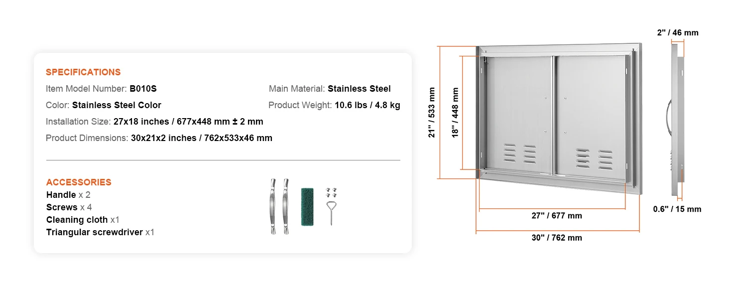 SucceBuy BBQ Access Door Double Outdoor Kitchen Door Stainless Steel Flush Door for BBQ Island Grilling Station Outside Cabinet