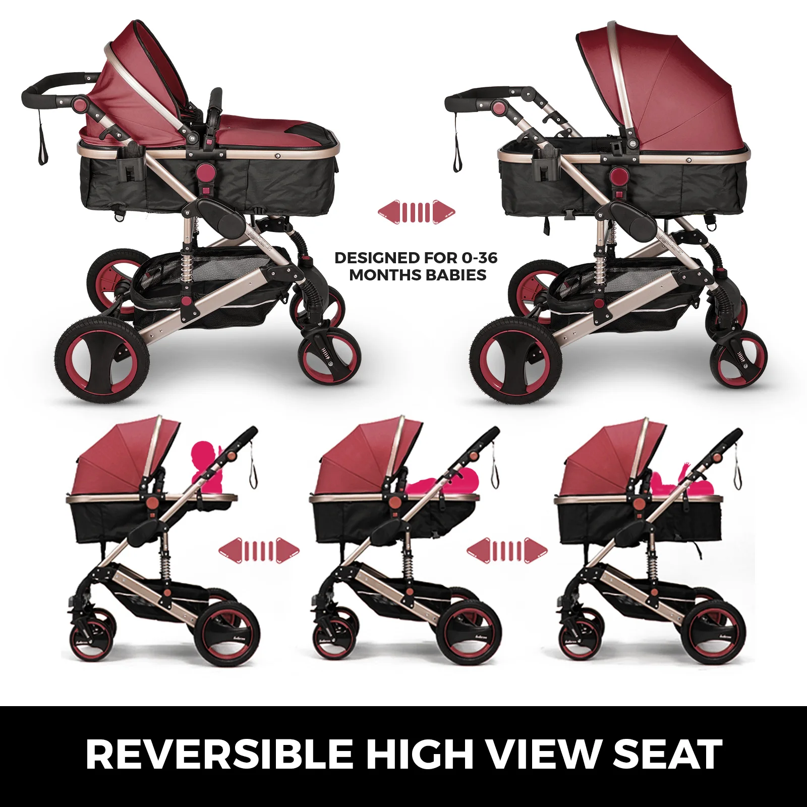 VEVOR Luxurious Baby Stroller 3 in 1 Portable Travel Reclining Baby Carriage Folding Pram for Newborn Baby Bassinet Pushchair