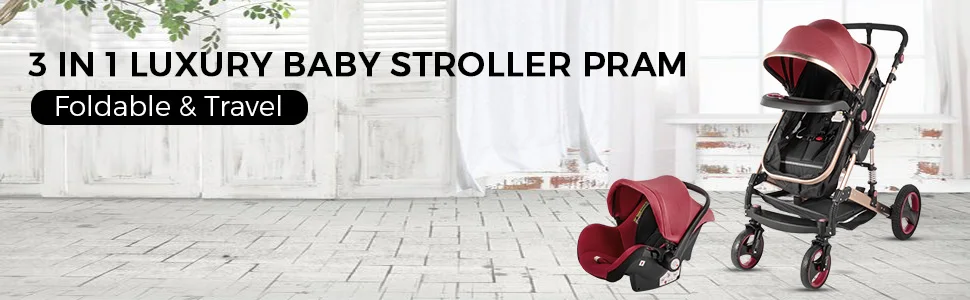 VEVOR Luxurious Baby Stroller 3 in 1 Portable Travel Reclining Baby Carriage Folding Pram for Newborn Baby Bassinet Pushchair