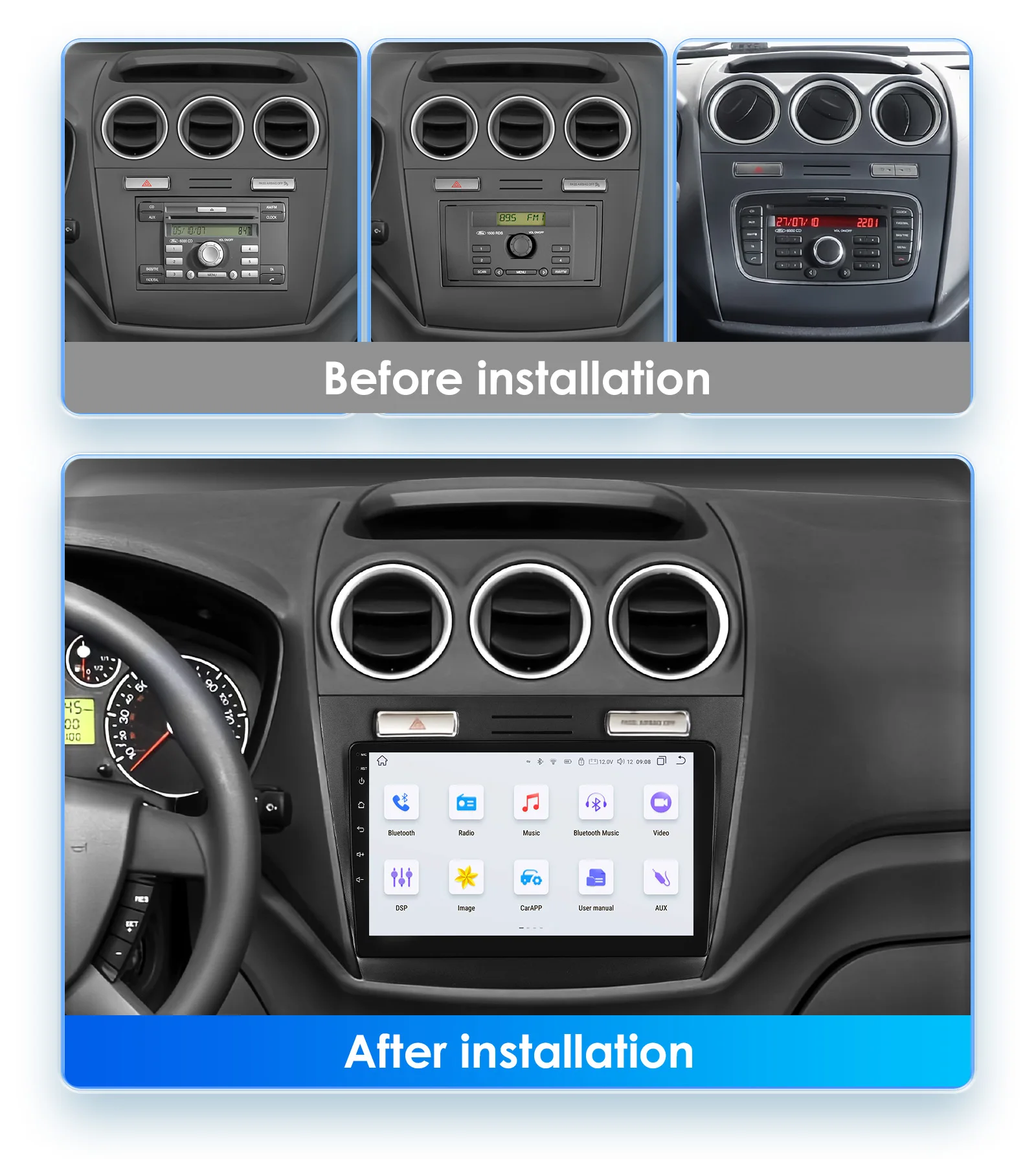 10.1" Hizpo 2Din CarPlay Android Auto Car Radio for Ford Transit Connect Tourneo Connect 2005 - 2014 BT 4G SWC RDS DSP GPS Navi