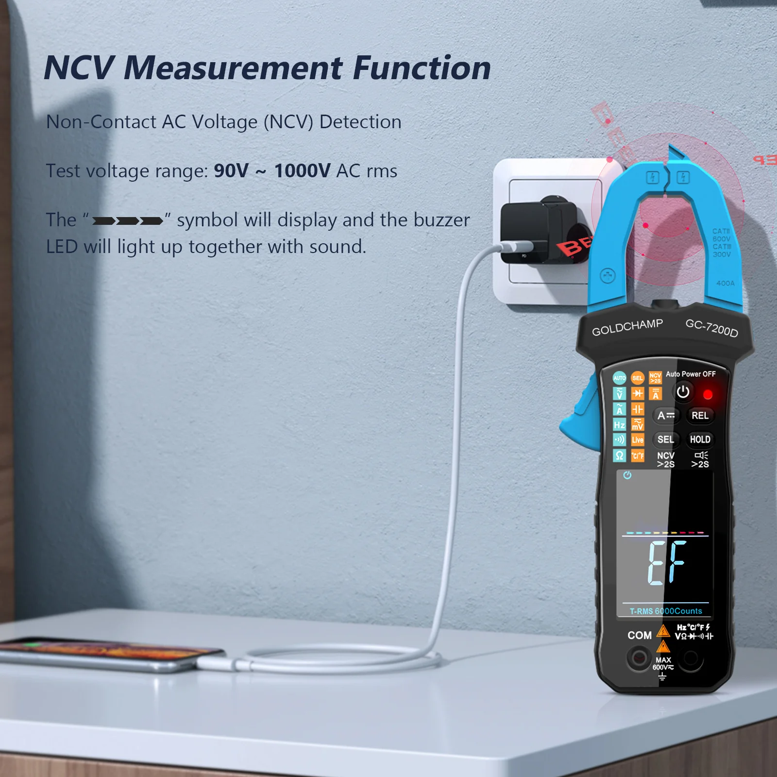 Digital Current Clamp Meter, TRMS Auto Ranging 6000 Counts 400A Clamp Multimeter for AC/DC Voltage and Current Testing NCV