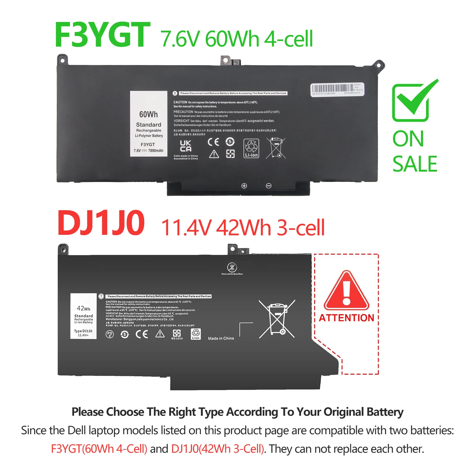 Oyomba F3YGT Laptop Battery for Dell Latitude E7280 E7480 E7290 E7390 E7490 Latitude 12 7000 7280 7290 DM6WC 2X39G KG7VF V4940