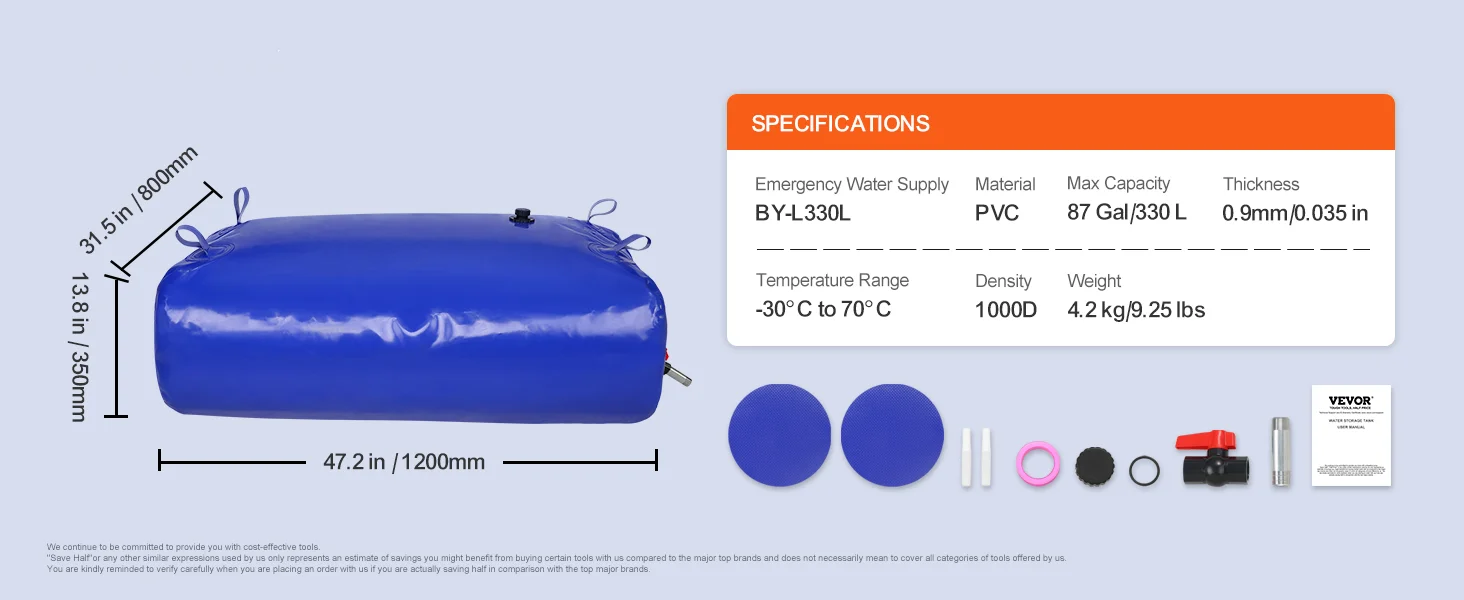 SucceBuy Water Tank Bladder PVC Collapsible Water Bladder Including Spigots and Overflow Kit Portable for Garden Water Catcher