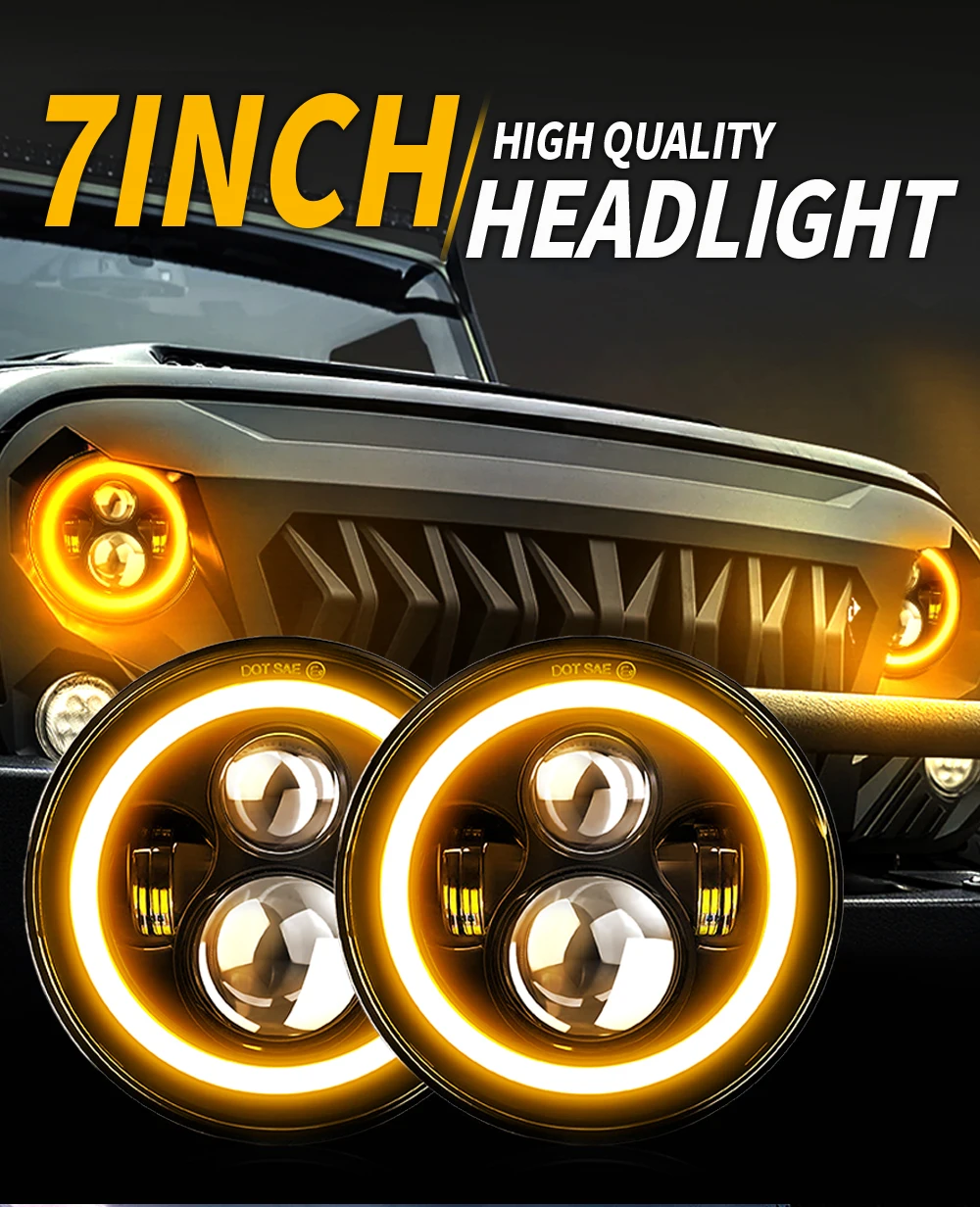 HAOLIDE 7 Inch LED Headlight 180W H4 Hi-Lo With Halo Angel Eyes E9 Dot Amber Turn Signal Light For Lada 4x4 urban Niva 12V 24V