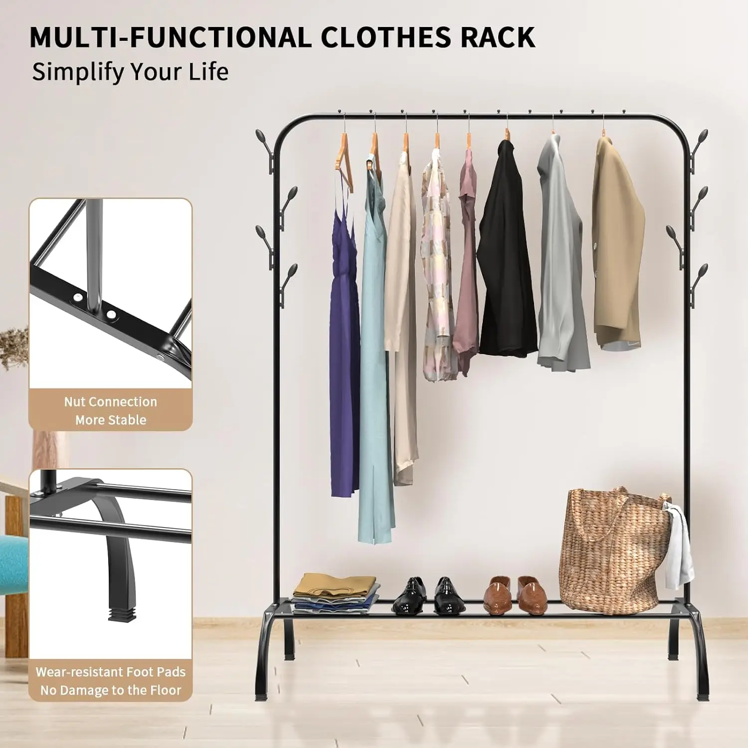 BRIEFNESS Heavy Duty Clothesline Black Drying Rack with Hooks Storage Rack Free Standing Hanging 110 x 40 x 150 cm