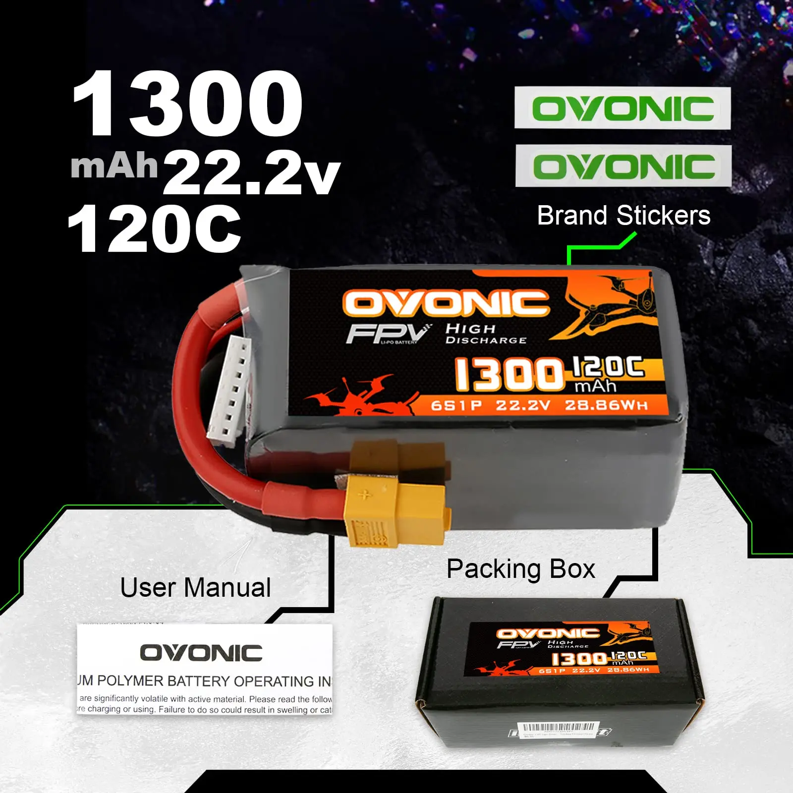 OVONIC 6s Lipo Battery 1300 mAh 22.2 V 120C with XT60 Connector for RC FPV Helicopter Aeroplane Quadcopter Hobby Racing
