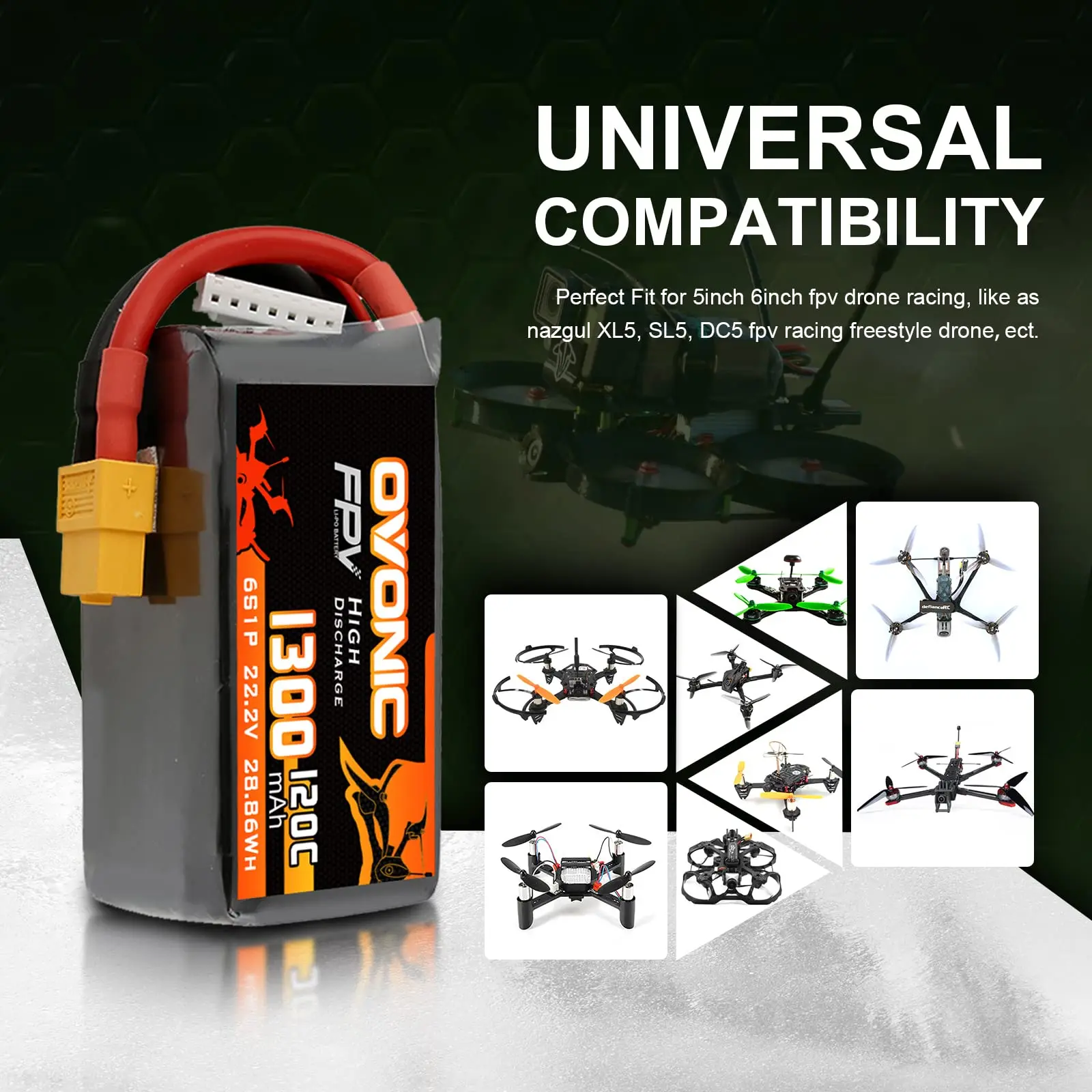 OVONIC 6s Lipo Battery 1300 mAh 22.2 V 120C with XT60 Connector for RC FPV Helicopter Aeroplane Quadcopter Hobby Racing