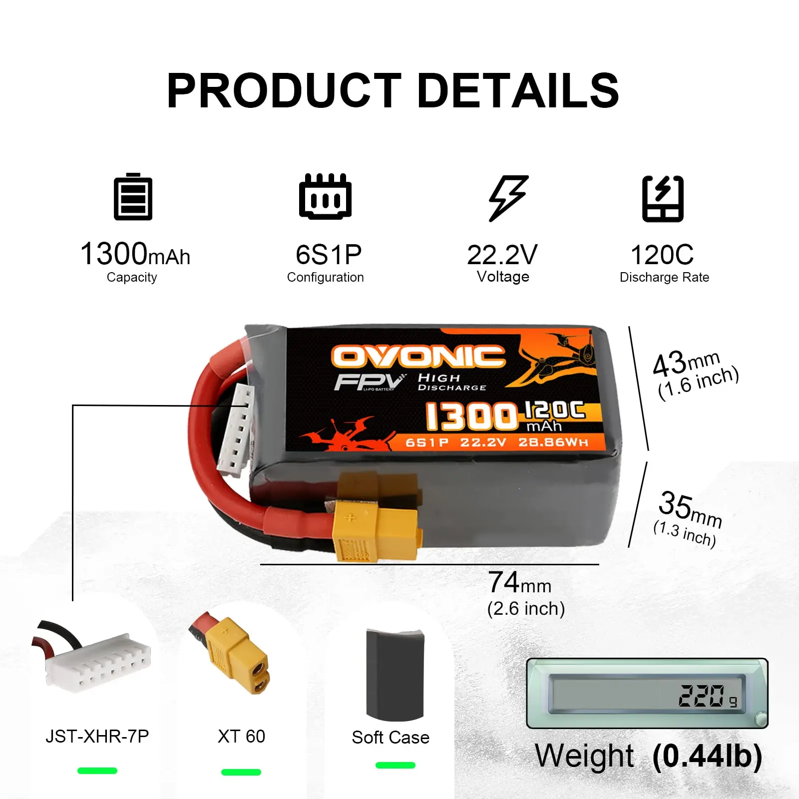 OVONIC 6s Lipo Battery 1300 mAh 22.2 V 120C with XT60 Connector for RC FPV Helicopter Aeroplane Quadcopter Hobby Racing