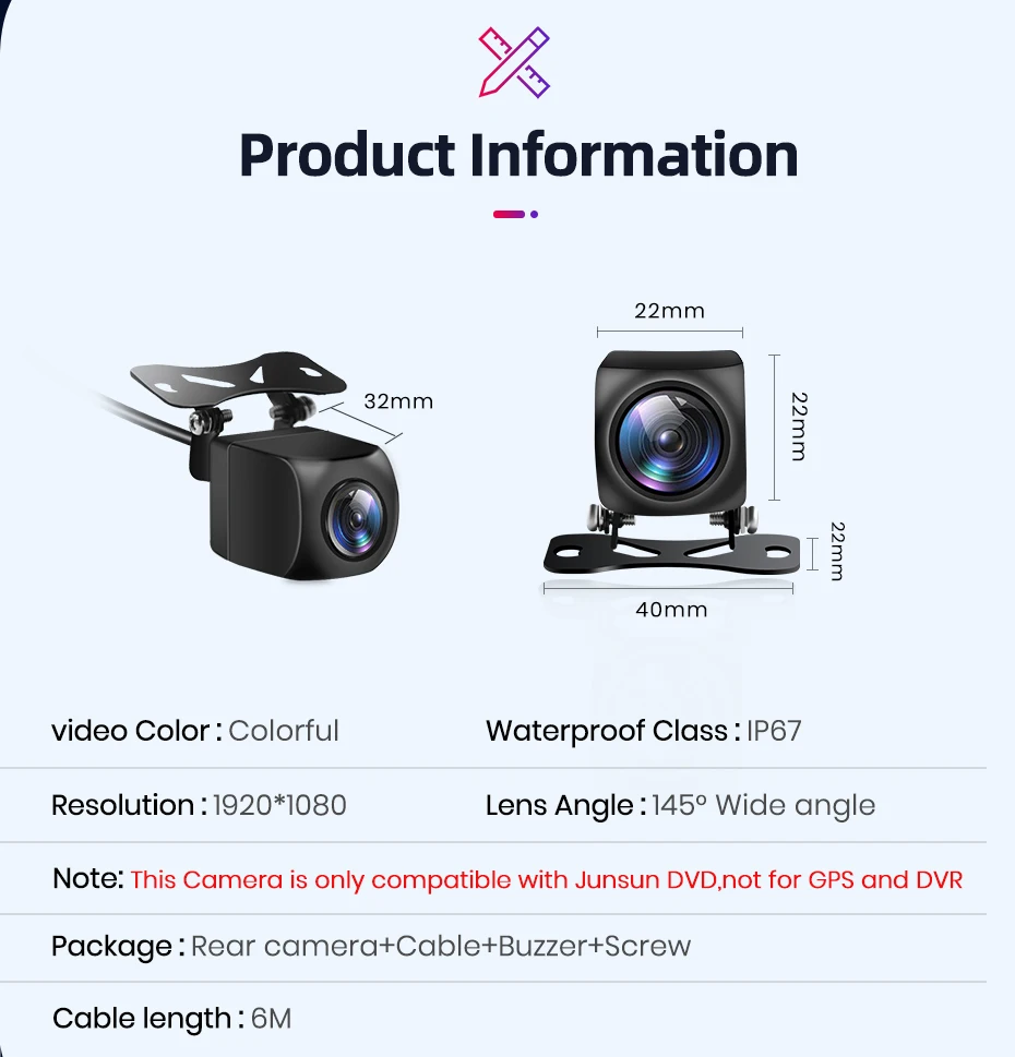 Car Rearview Camera AHD 1080P Radar Alarm WaterProof 145° Wide-Angle Reverse Backup AI Smart Camera for Junsun Car Accessories