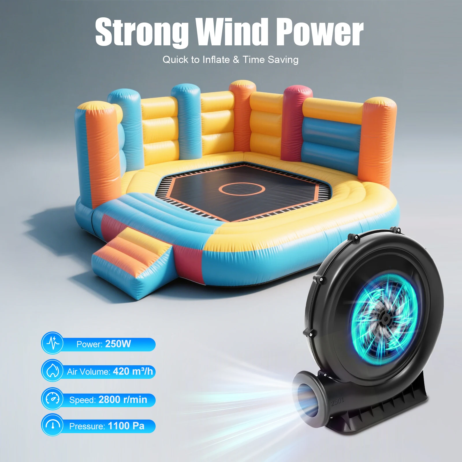 370/250W Air Blower Fan High Pressure Centrifugal Fan Continuous Blower Bouncy Castle Pump