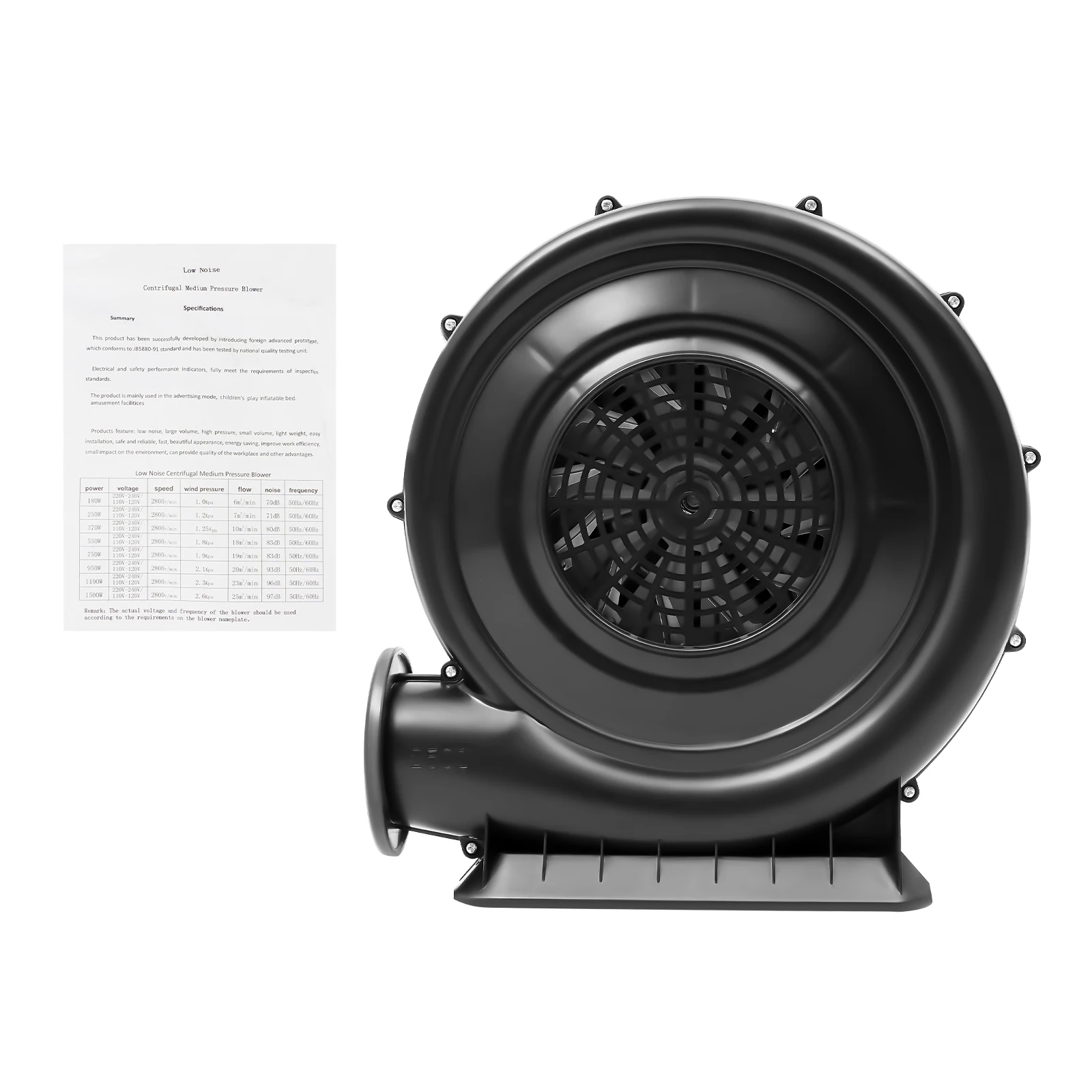 370/250W Air Blower Fan High Pressure Centrifugal Fan Continuous Blower Bouncy Castle Pump