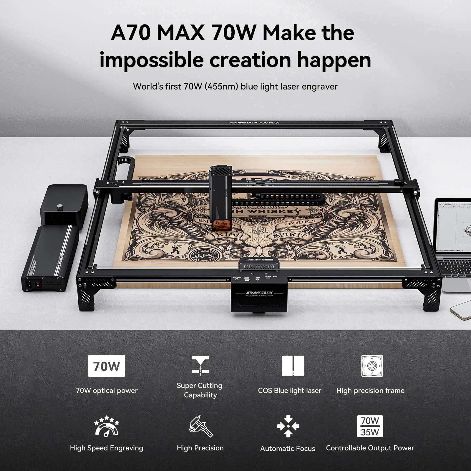 ATOMSTACK A70 MAX Laser Engraver 77W COS Blue Light Laser Power with F60 Air Assist Set 24000mm/min Engraving Speed 0.01mm Prec