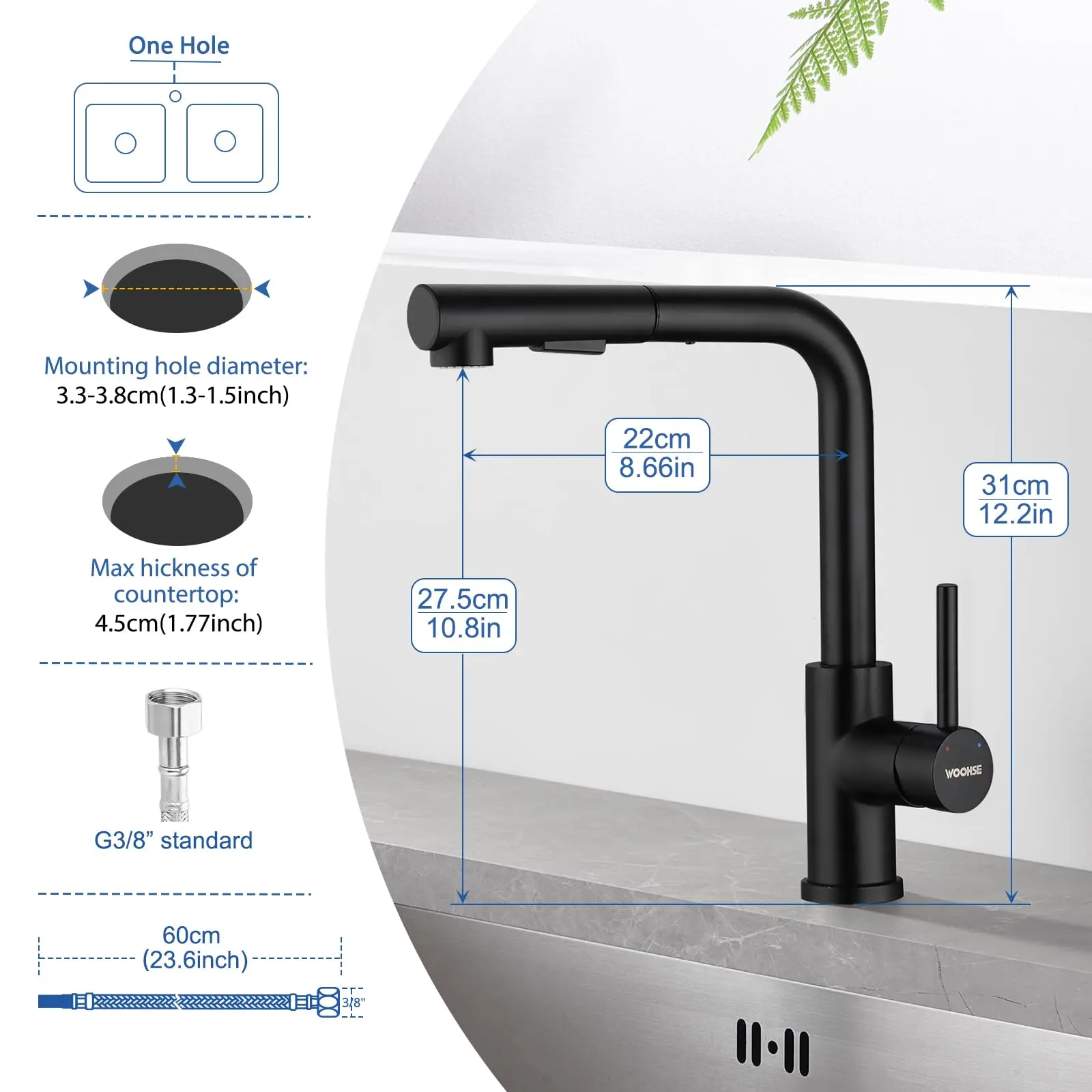 Oeegoo kitchen faucet with pull-out shower, high pressure kitchen faucet black 360°rotation, sink faucet with shower