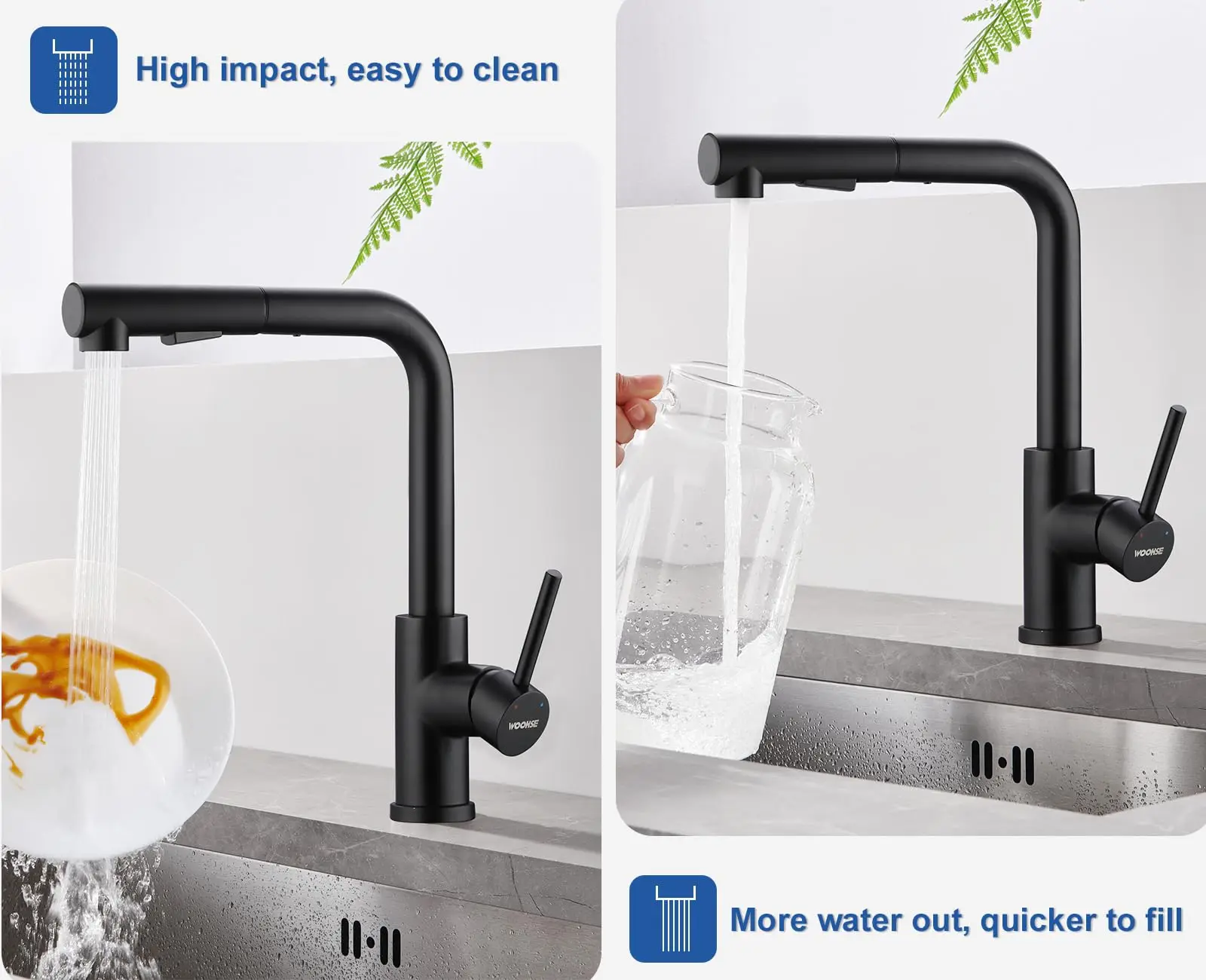 Oeegoo kitchen faucet with pull-out shower, high pressure kitchen faucet black 360°rotation, sink faucet with shower