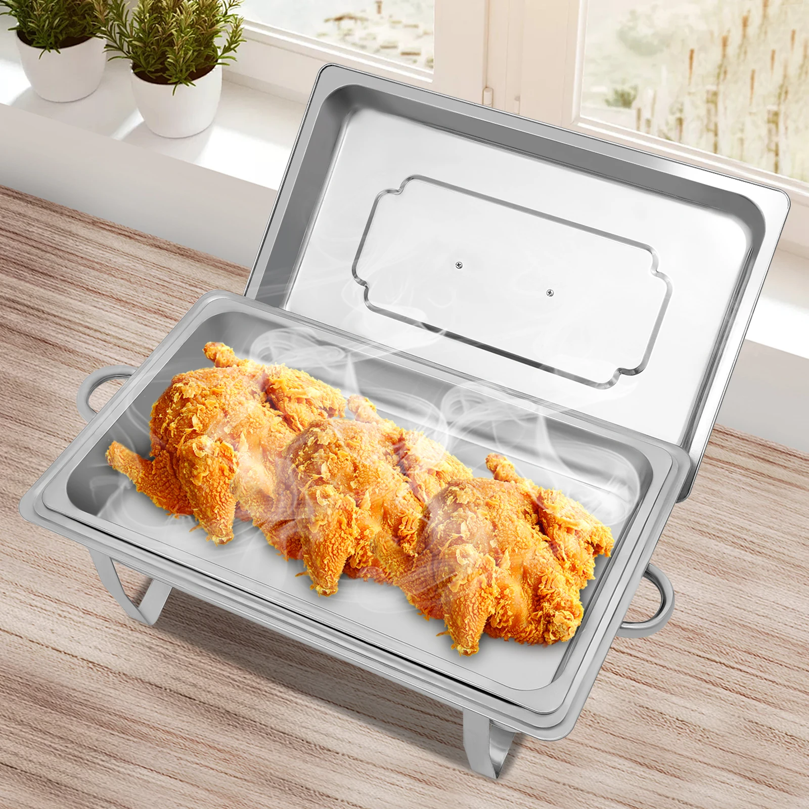 Stainless Steel Food Warmer, 9L Chafing Dish Warming Container Food Warmer Heat Container Hotel Buffet Warmer with Folding Frame