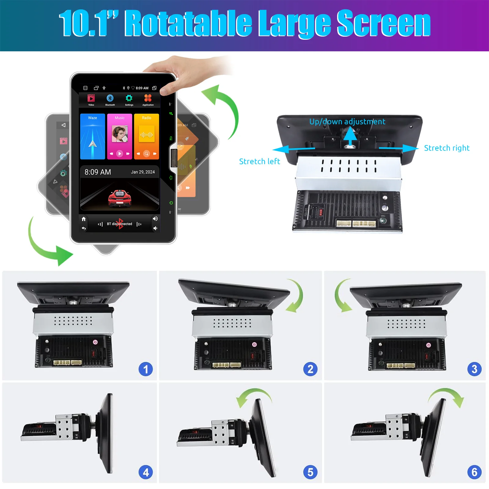ESSGOO 10.1" Android 14 Car Stereo Radio Wireless Carplay 1 DIN Rotatable Screen GPS NAVI FM RDS BT Wifi Scroll with Microphone
