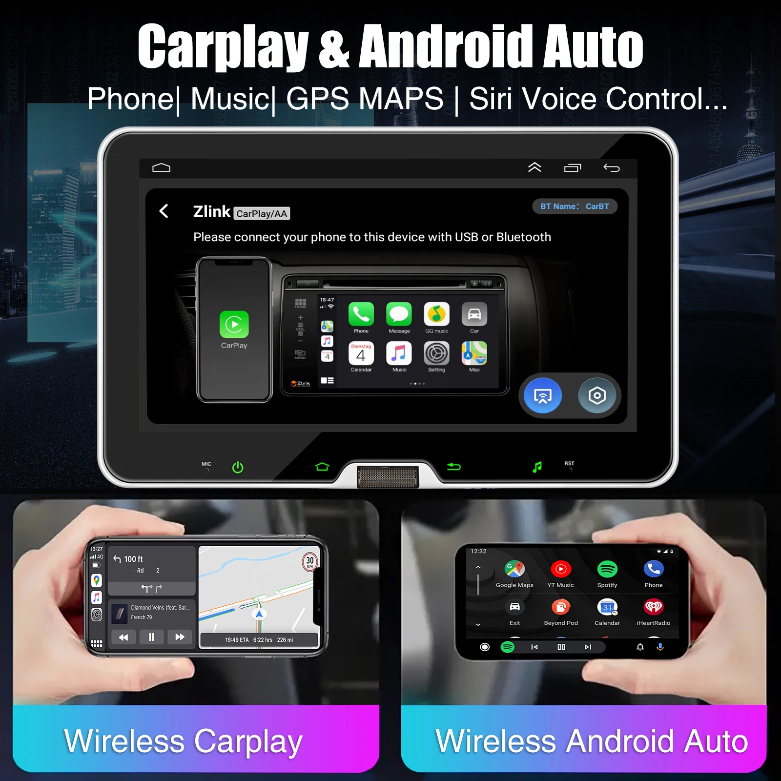 ESSGOO 10.1" Android 14 Car Stereo Radio Wireless Carplay 1 DIN Rotatable Screen GPS NAVI FM RDS BT Wifi Scroll with Microphone
