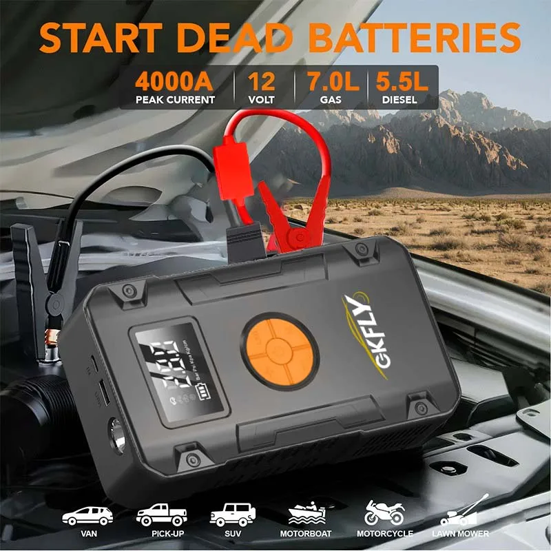 GKFLY Car Jump Starter 59.2Wh Battery Power Bank 4000A Jumpstarter Auto Buster 150PSI Air Compressor Car Tire Inflator