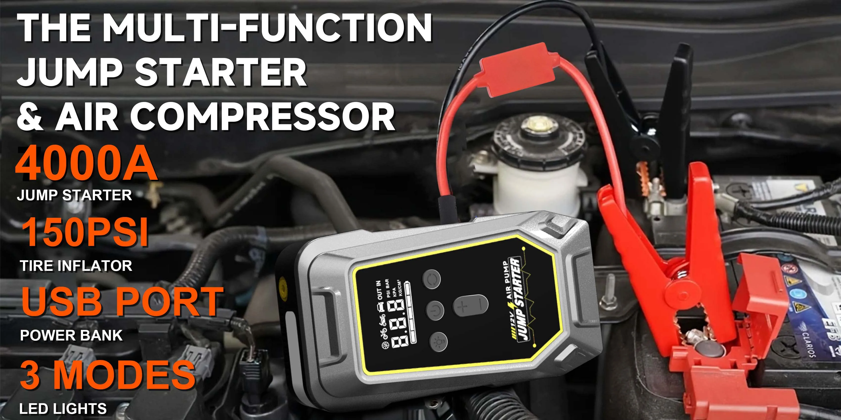 GKFLY Car Jump Starter 59.2Wh Battery Power Bank 4000A Jumpstarter Auto Buster 150PSI Air Compressor Car Tire Inflator