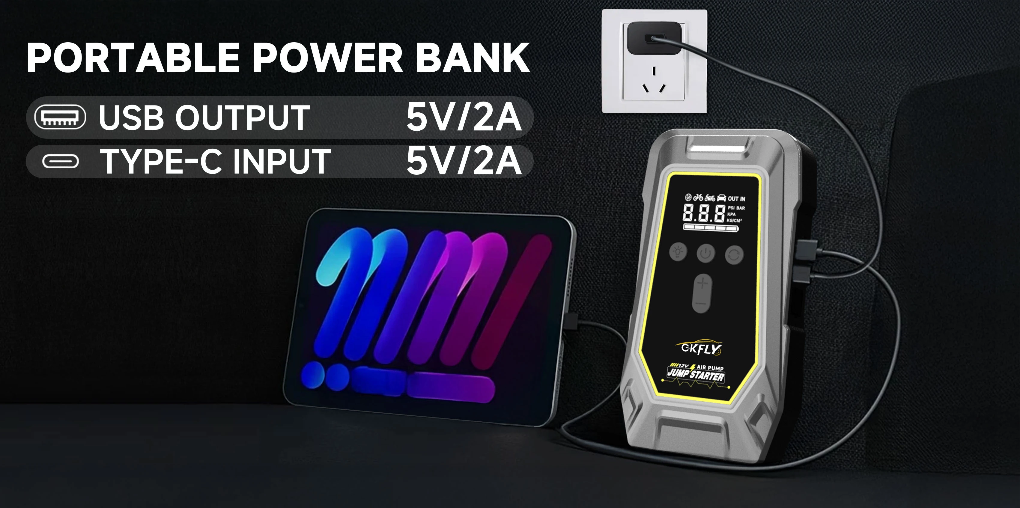 GKFLY Car Jump Starter 59.2Wh Battery Power Bank 4000A Jumpstarter Auto Buster 150PSI Air Compressor Car Tire Inflator