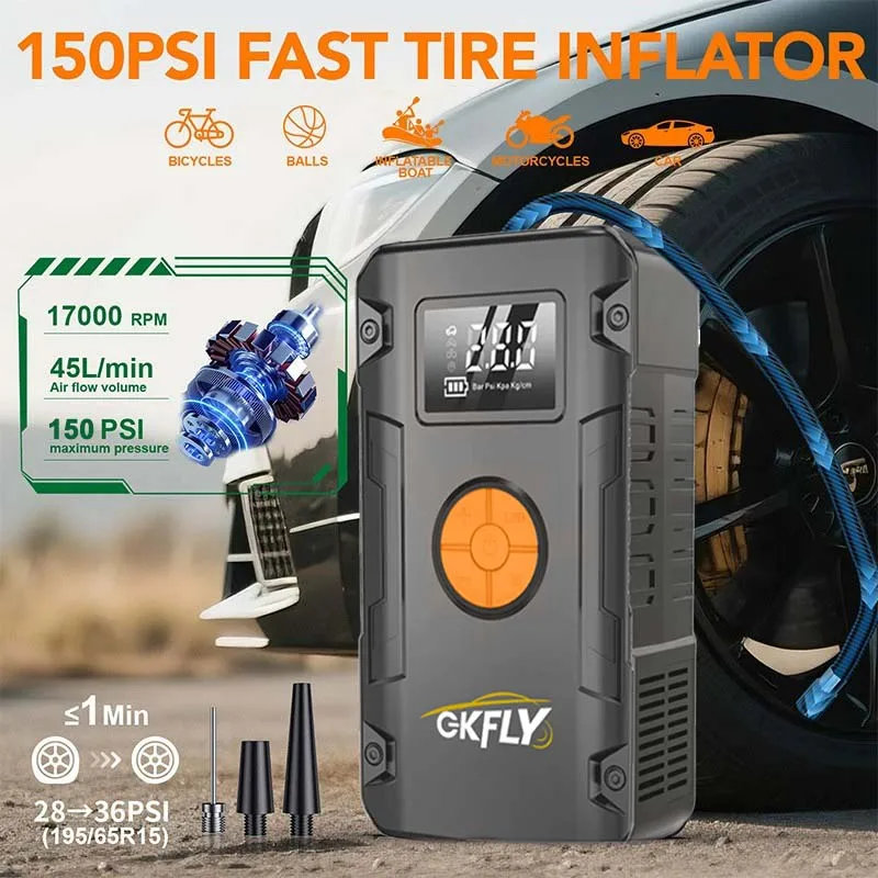 GKFLY Car Jump Starter 59.2Wh Battery Power Bank 4000A Jumpstarter Auto Buster 150PSI Air Compressor Car Tire Inflator