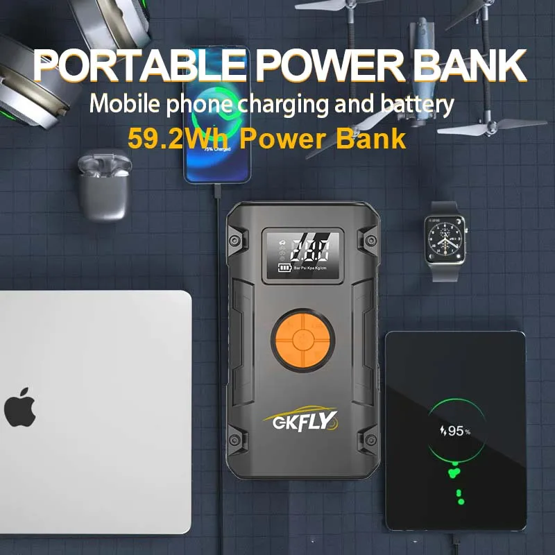 GKFLY Car Jump Starter 59.2Wh Battery Power Bank 4000A Jumpstarter Auto Buster 150PSI Air Compressor Car Tire Inflator