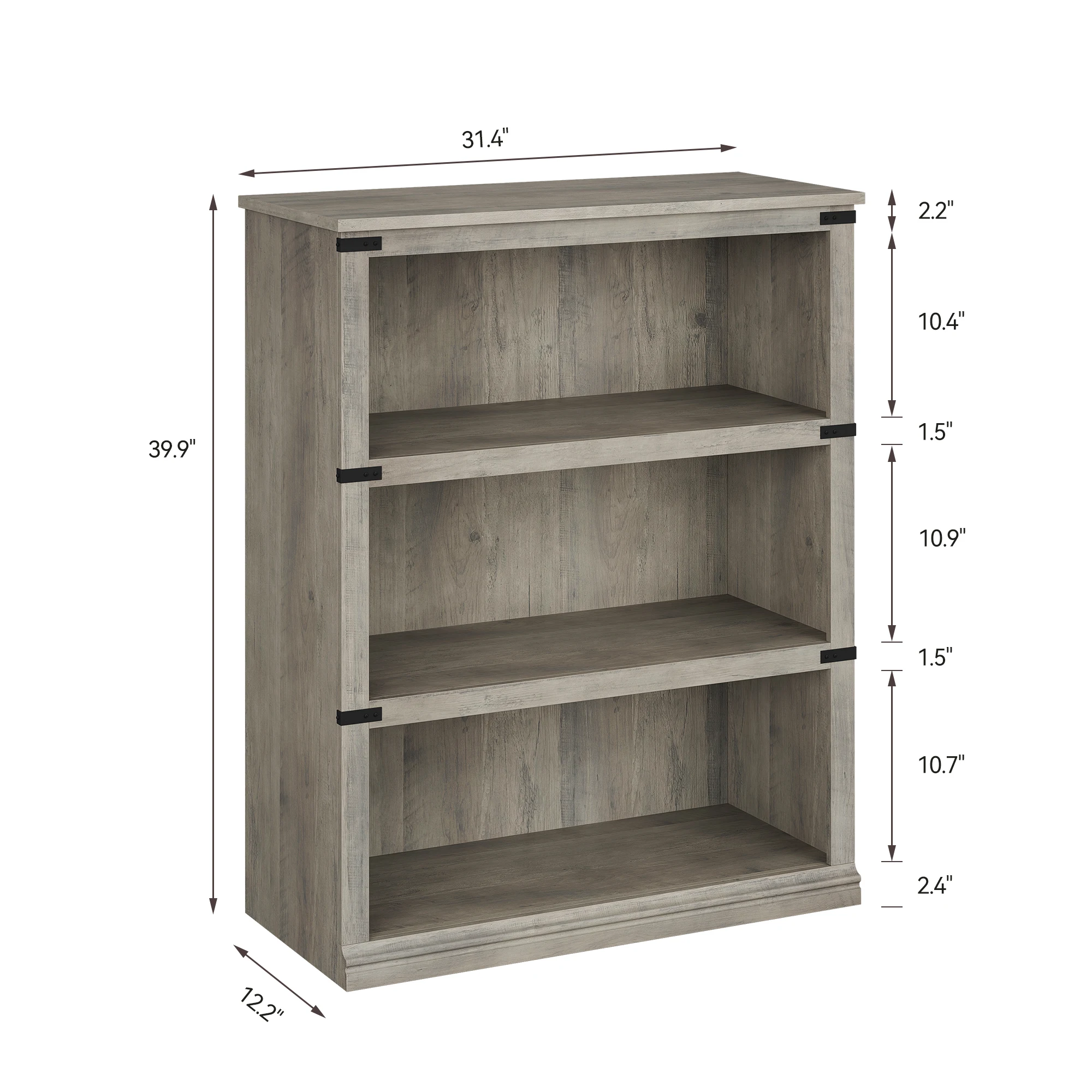 3 Tier Wooden Bookcase Farmhouse Book Shelf with Storage Open Display Bookshelves Low Book Case Home Decor Furniture Grey