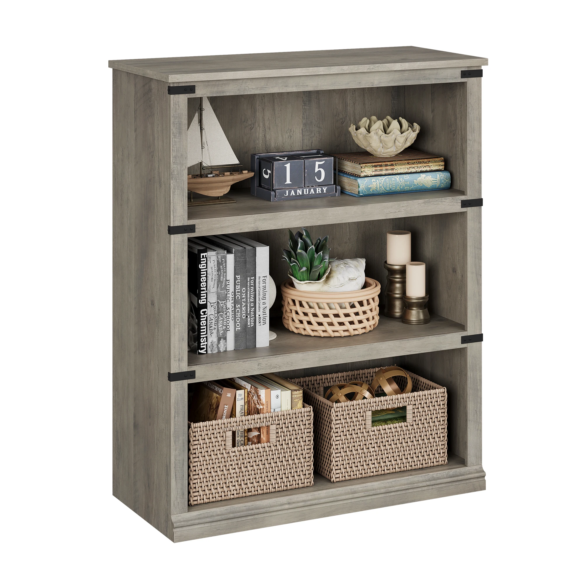 3 Tier Wooden Bookcase Farmhouse Book Shelf with Storage Open Display Bookshelves Low Book Case Home Decor Furniture Grey