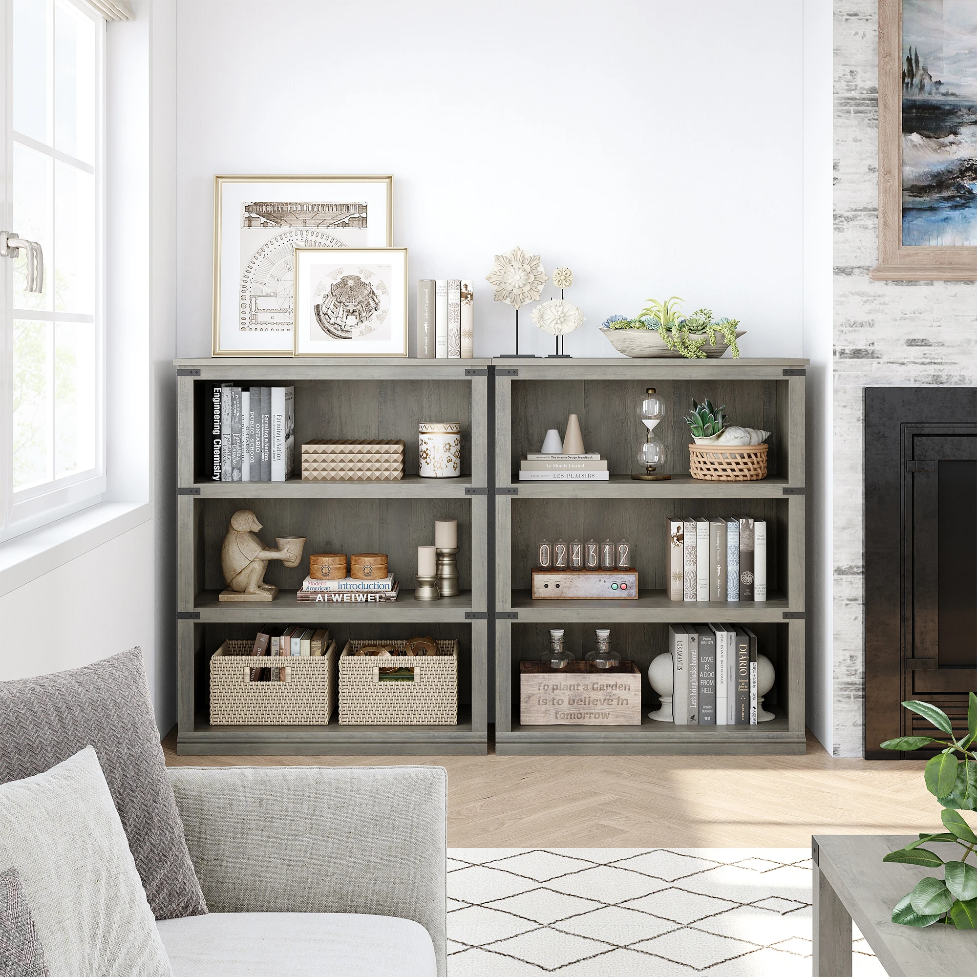 3 Tier Wooden Bookcase Farmhouse Book Shelf with Storage Open Display Bookshelves Low Book Case Home Decor Furniture Grey