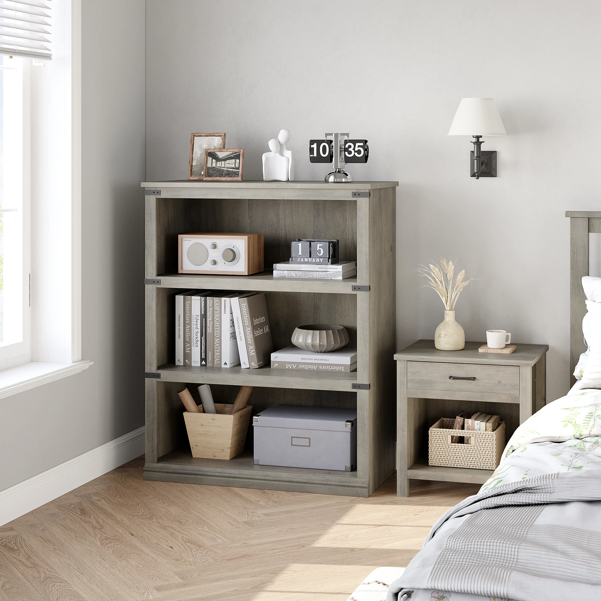 3 Tier Wooden Bookcase Farmhouse Book Shelf with Storage Open Display Bookshelves Low Book Case Home Decor Furniture Grey
