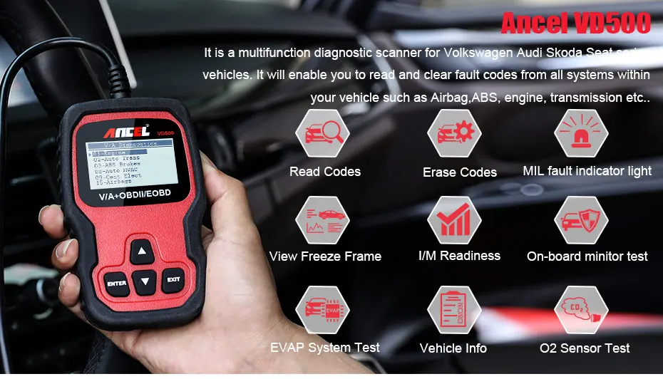 Ancel VD500 Auto OBD2 Automotive Scanner For VW/Audi/Skoda Full System Car Code Reader ABS EPB SRS Oil Reset OBD Diagnostic Tool