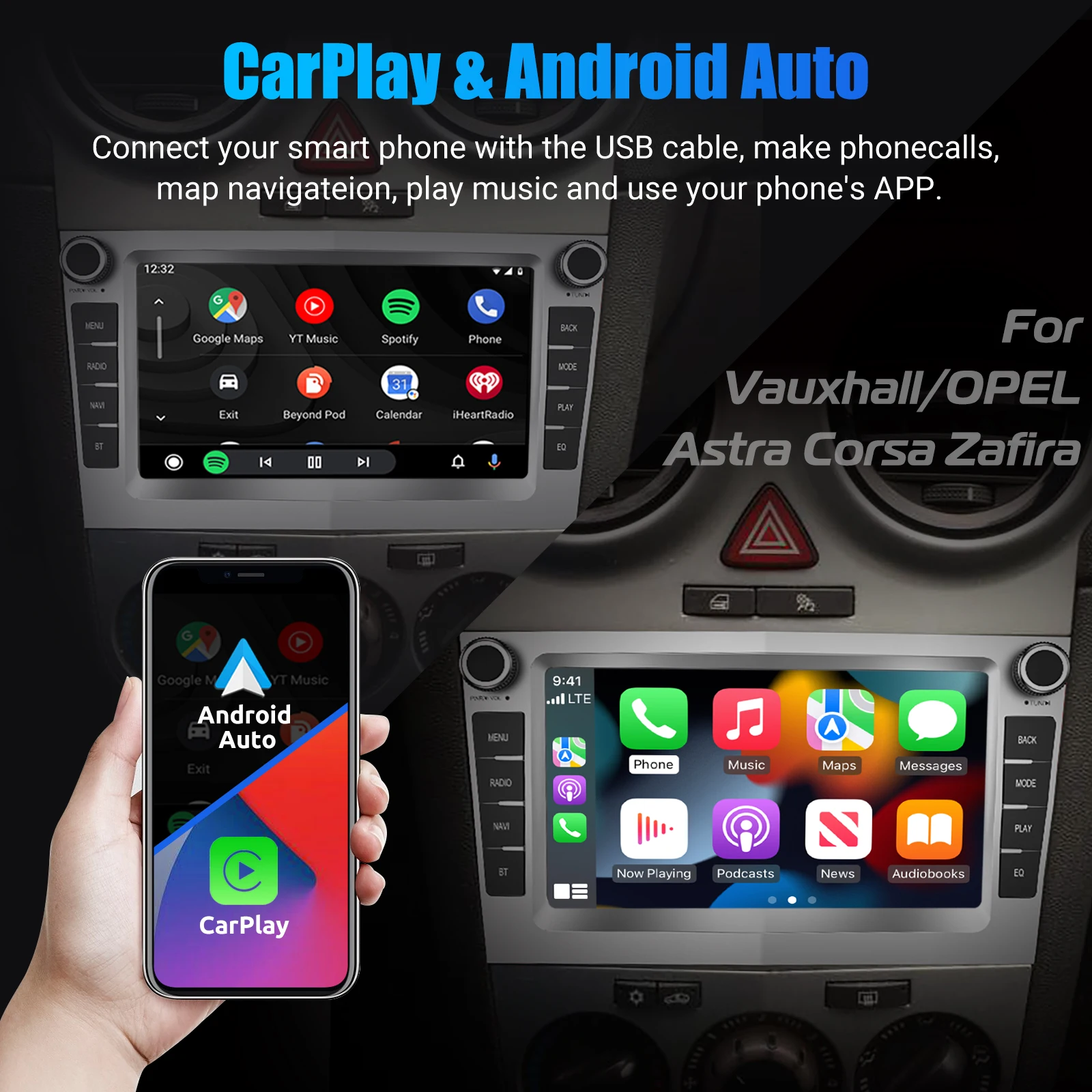 ESSGOO Car Stereo Radio 4+64G Wireless Carplay Android Auto For Vauxhall Astra Corsa C/D Vectra DAB+ Bluetooth Car Radio GPS FM