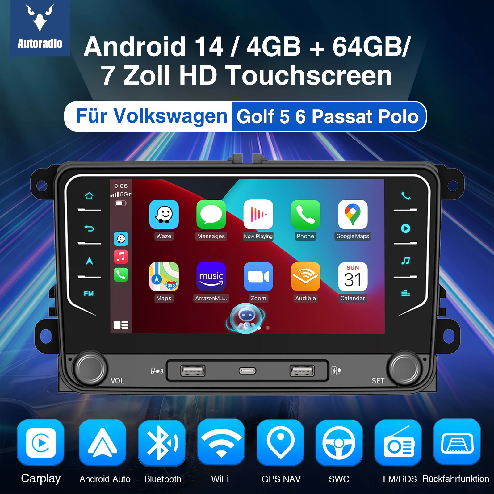 ESSGOO 7" Android 14 Car Radio 4+64G Carplay Android Auto For VW Golf 5 6 Plus Touran Caddy Jetta Passat Polo GPS Navi AI Voice