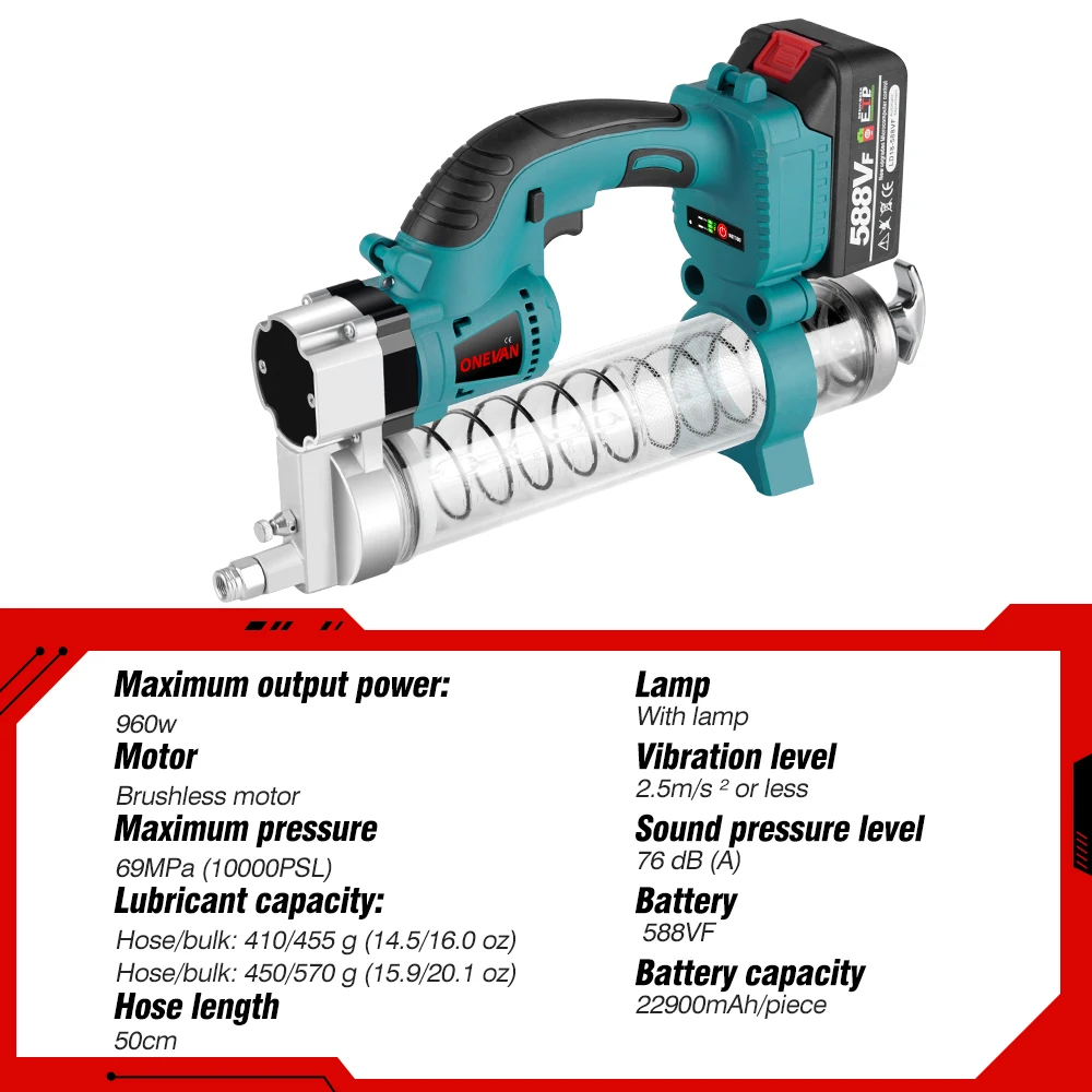 ONEVAN 10000PSL Electric Grease Machine Cordless High Pressure Car Maintenance Lubricating Oil Power Tool For Makita Battery Pin