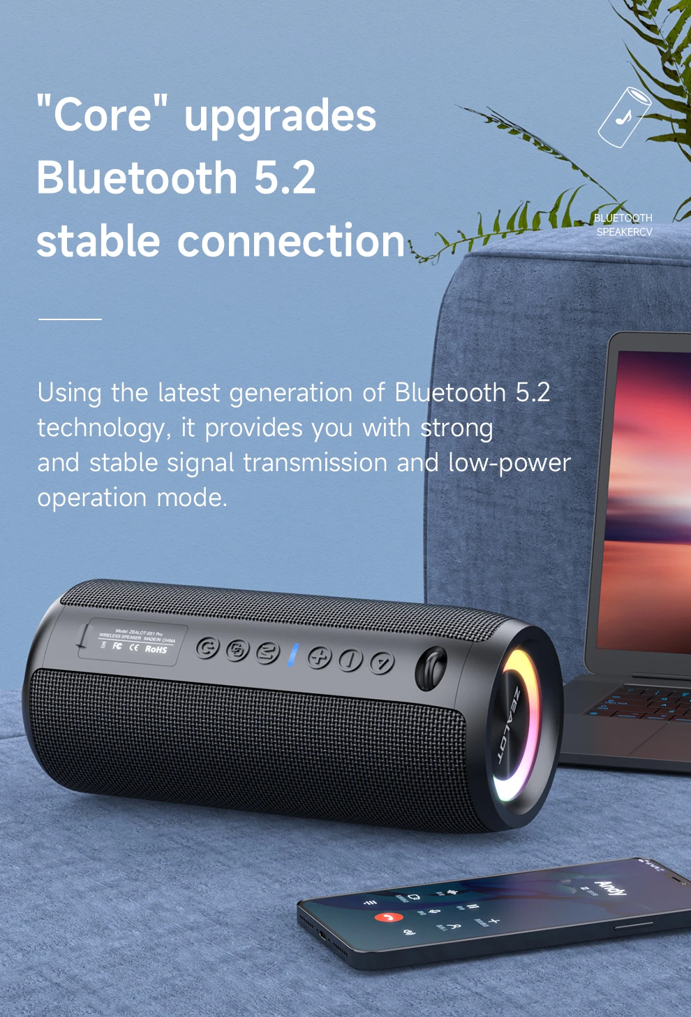 ZEALOT-S51Pro Bluetooth Speaker Outdoor IPX6 Waterproof 40W BT5.2 Loudspeaker Stereo Surround Speaker with Cool Pulsing EQ Light