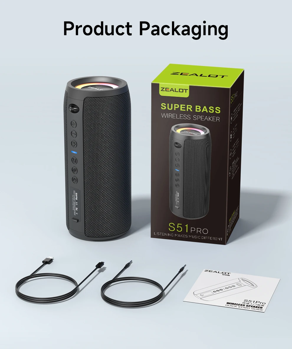 ZEALOT-S51Pro Bluetooth Speaker Outdoor IPX6 Waterproof 40W BT5.2 Loudspeaker Stereo Surround Speaker with Cool Pulsing EQ Light