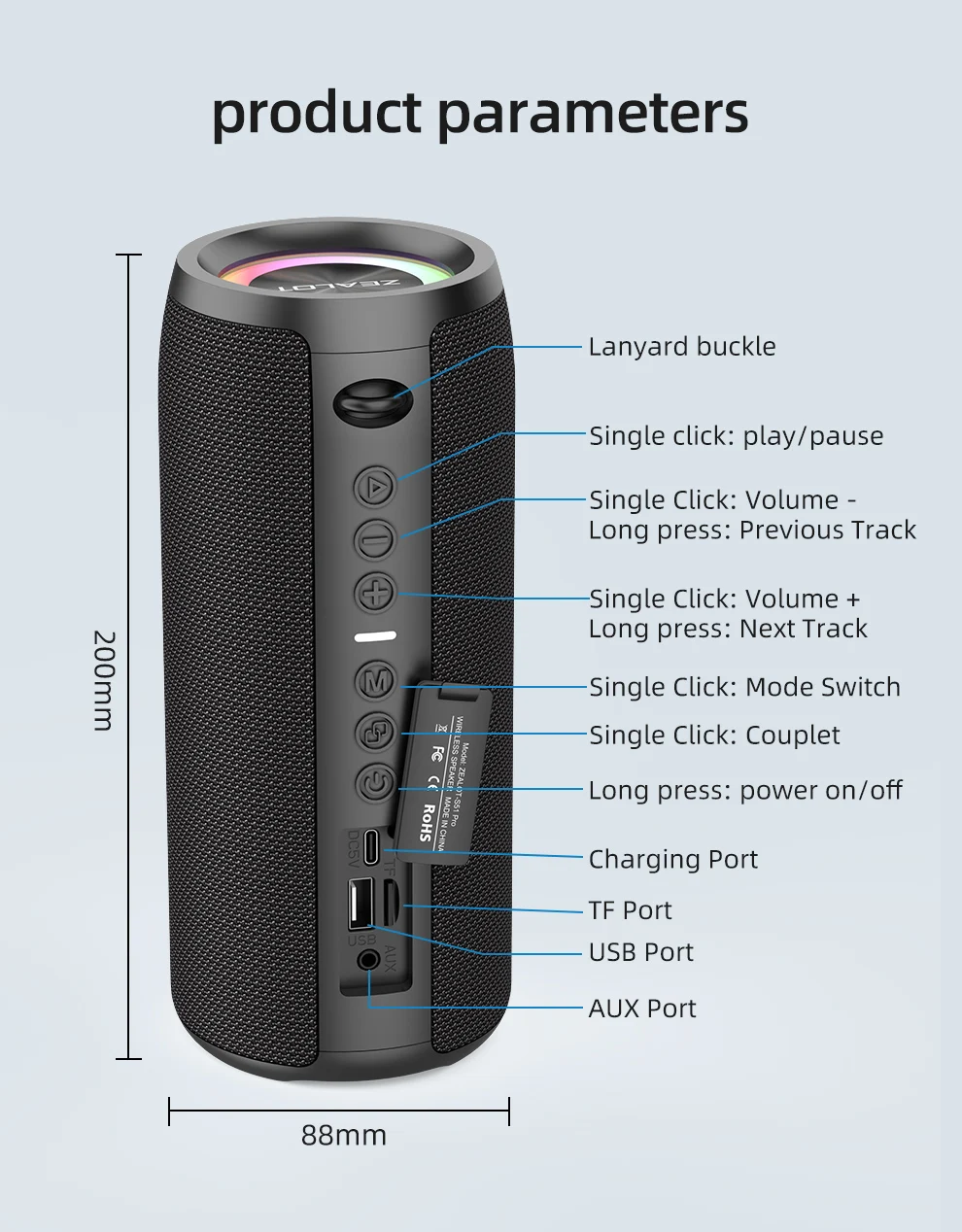 ZEALOT-S51Pro Bluetooth Speaker Outdoor IPX6 Waterproof 40W BT5.2 Loudspeaker Stereo Surround Speaker with Cool Pulsing EQ Light