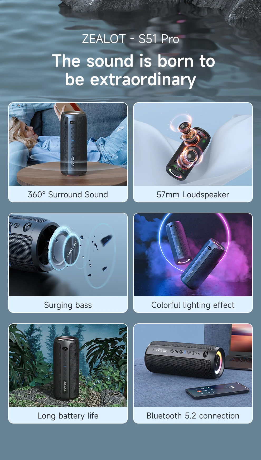 ZEALOT-S51Pro Bluetooth Speaker Outdoor IPX6 Waterproof 40W BT5.2 Loudspeaker Stereo Surround Speaker with Cool Pulsing EQ Light