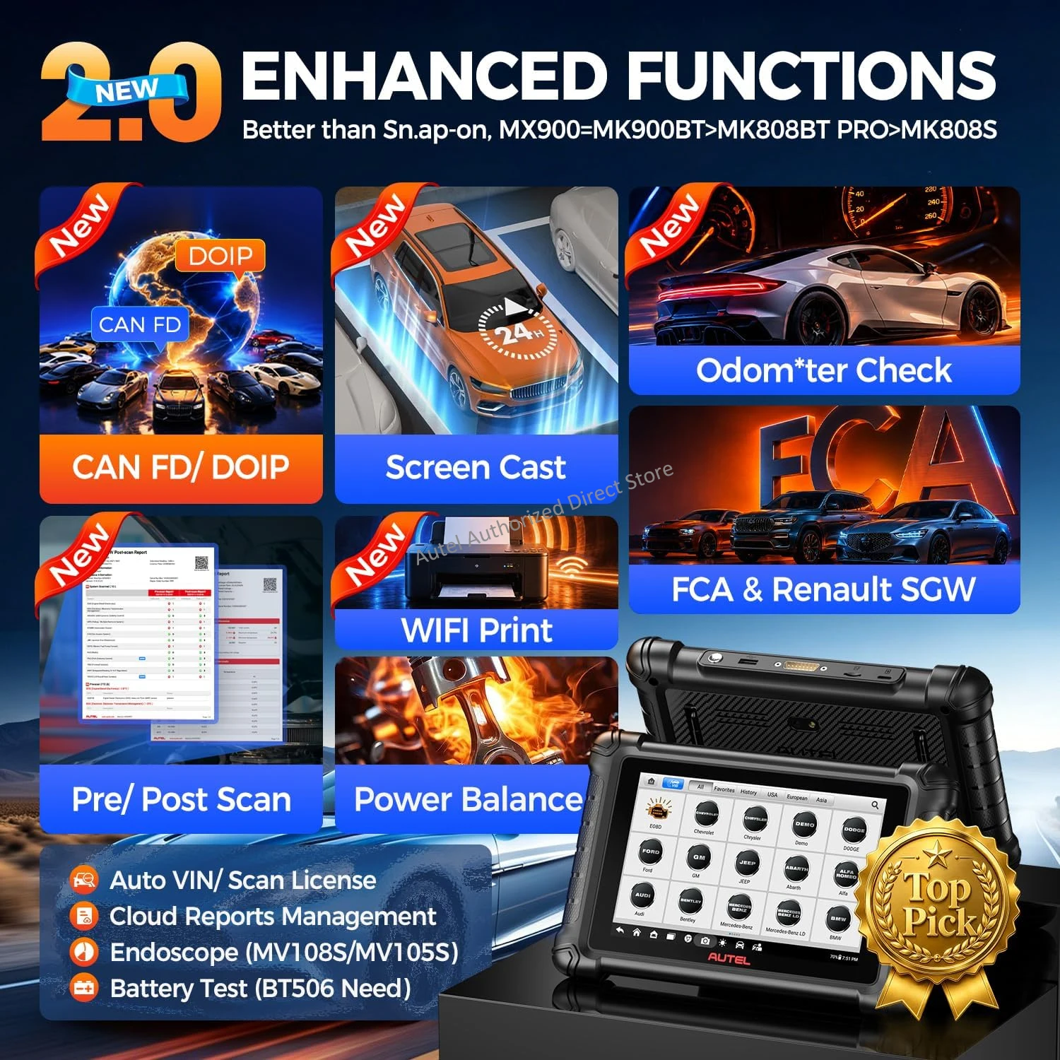 Autel MaxiCheck MX900 Car Diagnostic Tools Automotive Scanner, Pre&Post Scan, DoIP CAN FD, WIFI Print Upgraded of MK808S MX808S