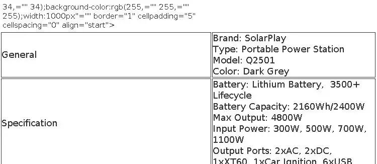 SOLARPLAY Q2501 Portable Power Station 2160Wh 220V LiFePO4 External Battery 2400W Output Solar Generator Outdoor Indoor Work Camp