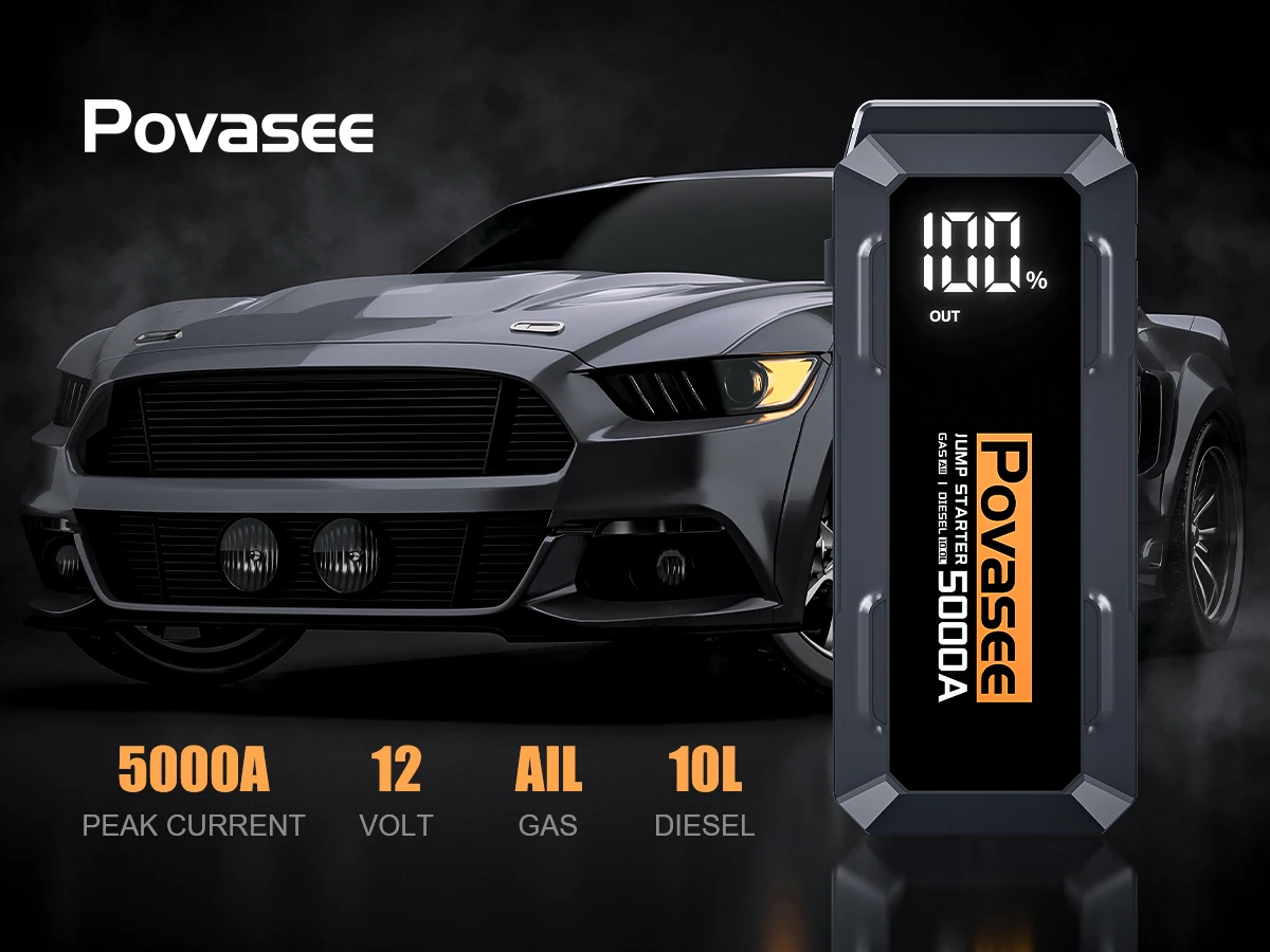 POVASEE Car Jump Starter Power Bank 5000A Jump Starter up to All Gas or 10L Diesel with LCD Display USB Outputs for 12V Vehicles
