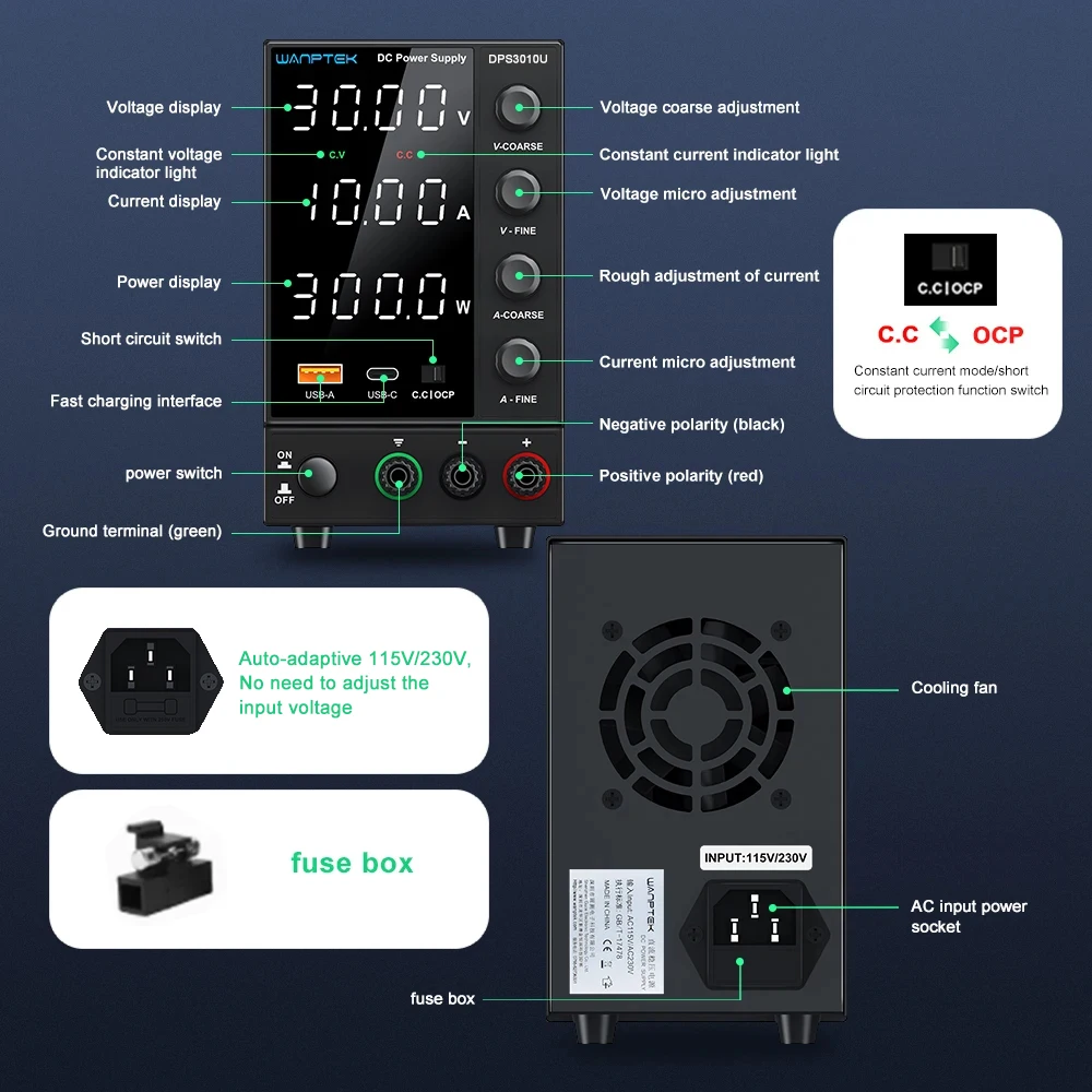 Wanptek DC Laboratory Power Supply Adjustable 30V 10A 60V 5A 120V 3A with USB Fast Charging Bench Power Supplies