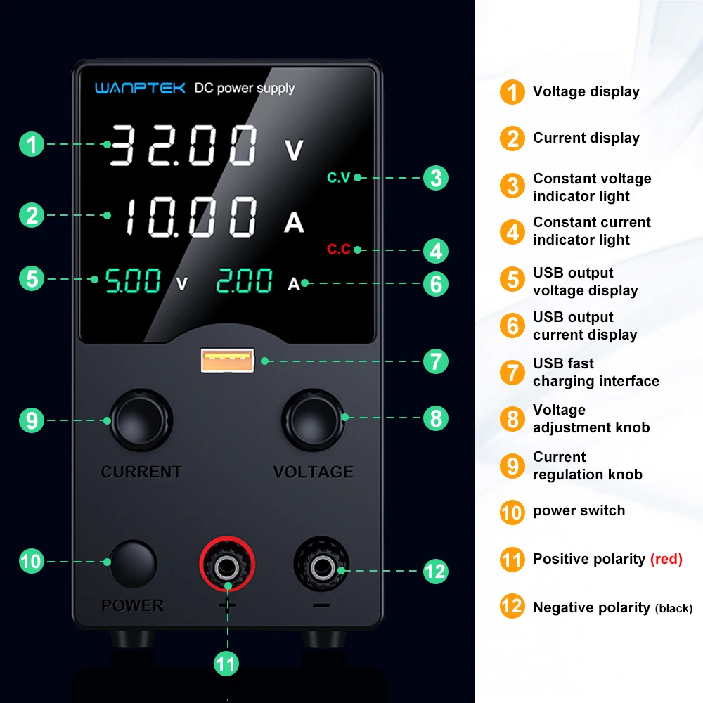 Wanptek DC Laboratory Power Supply Adjustable 30V 10A 60V 5A 120V 3A with USB Fast Charging Bench Power Supplies