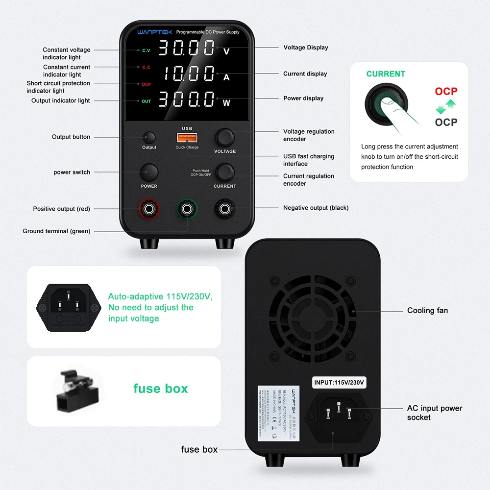 Wanptek DC Laboratory Power Supply Adjustable 30V 10A 60V 5A 120V 3A with USB Fast Charging Bench Power Supplies