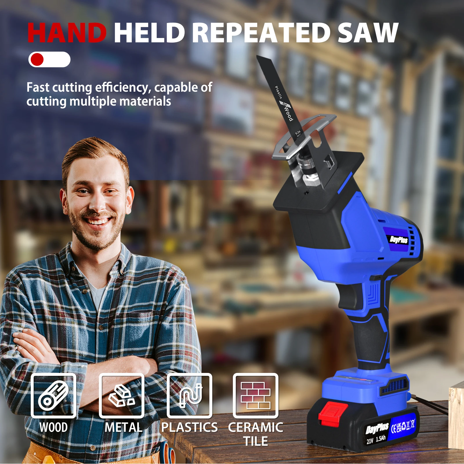 21V Brushless Reciprocating Saw Electric Cordless Sabre Saw for Cutting Wood & Metal With Battery, 4 Saw Blades, Variable Speed
