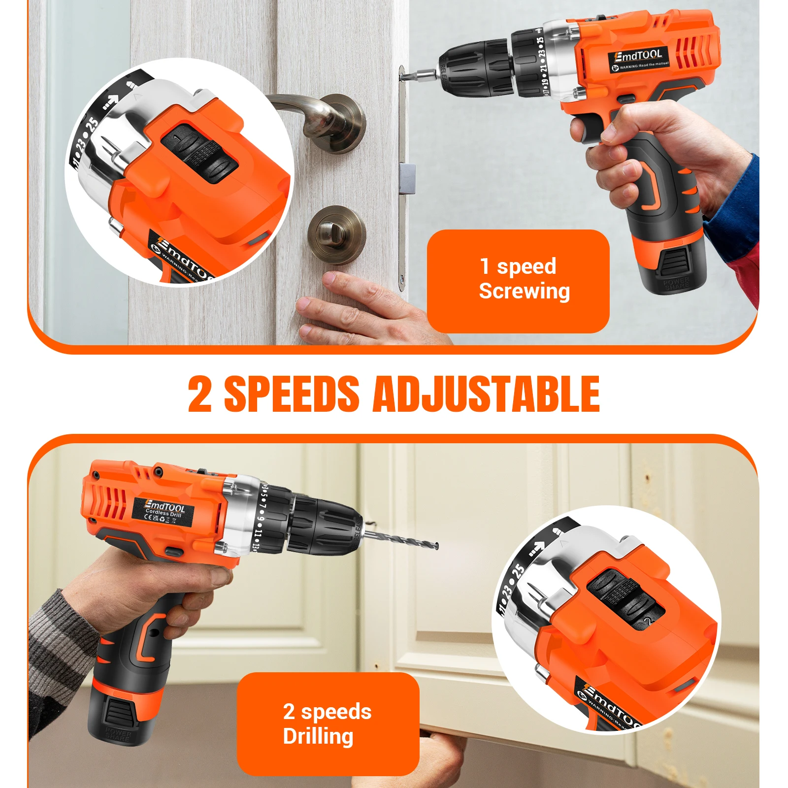 45Nm Cordless Drill Screwdriver with 2 Batteries, Electric Screwdriver, Impact Driver Drill, 2 Speed, Forward & Reverse Setting